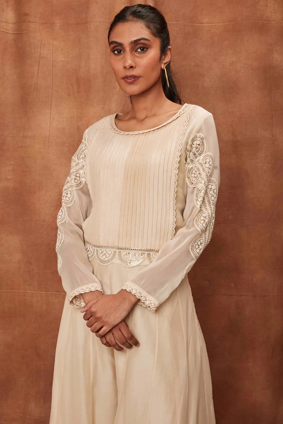 Cream Pintuck Silk Top & Pants