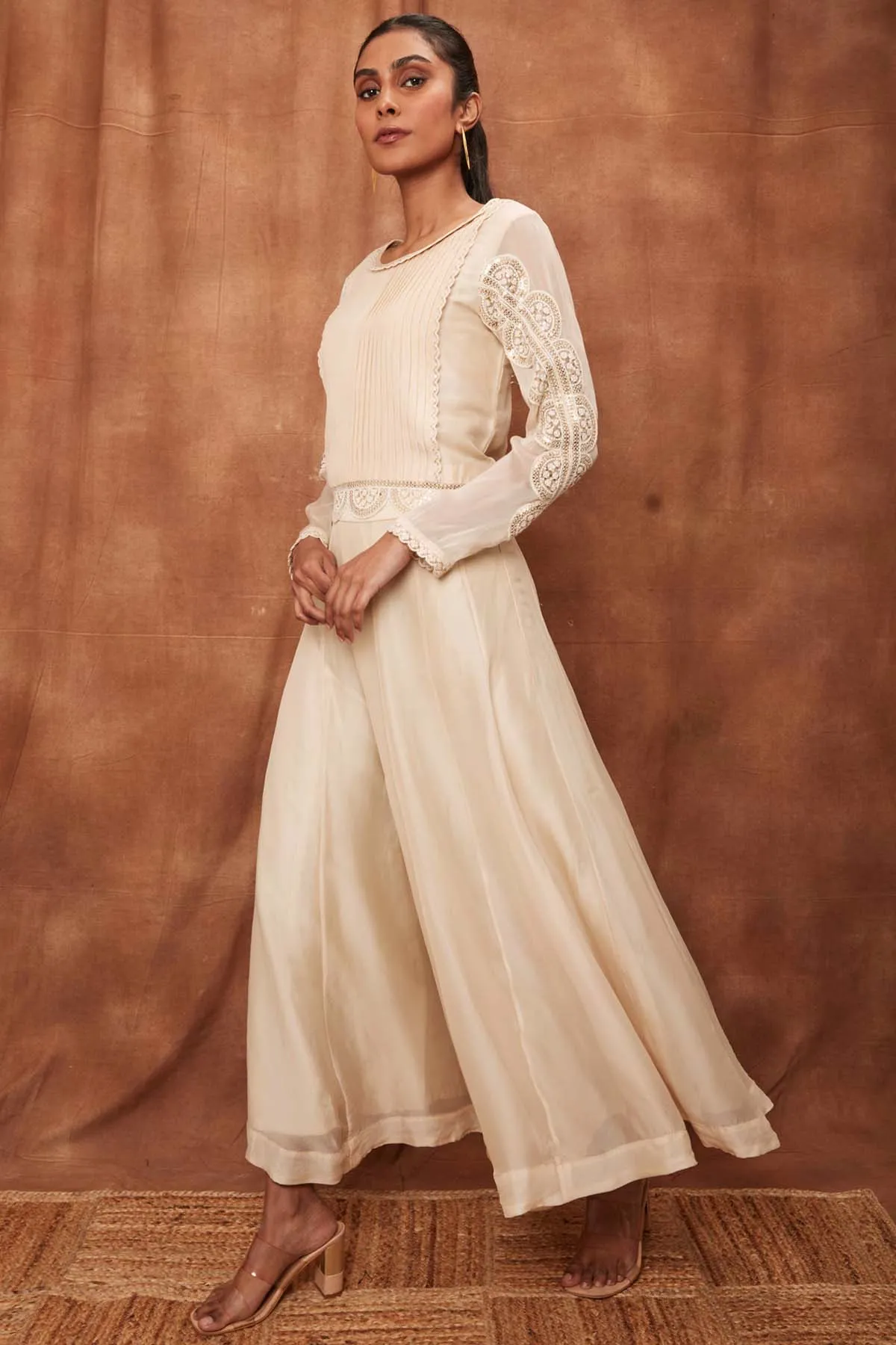 Cream Pintuck Silk Top & Pants