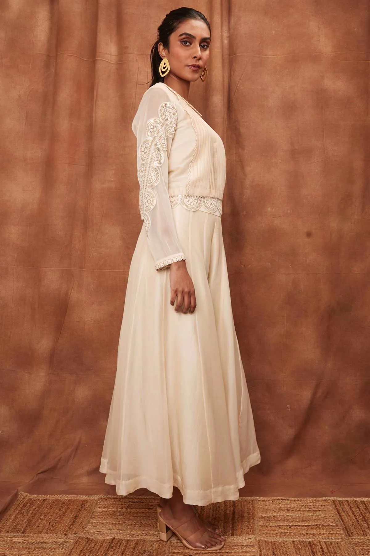 Cream Pintuck Silk Top & Pants