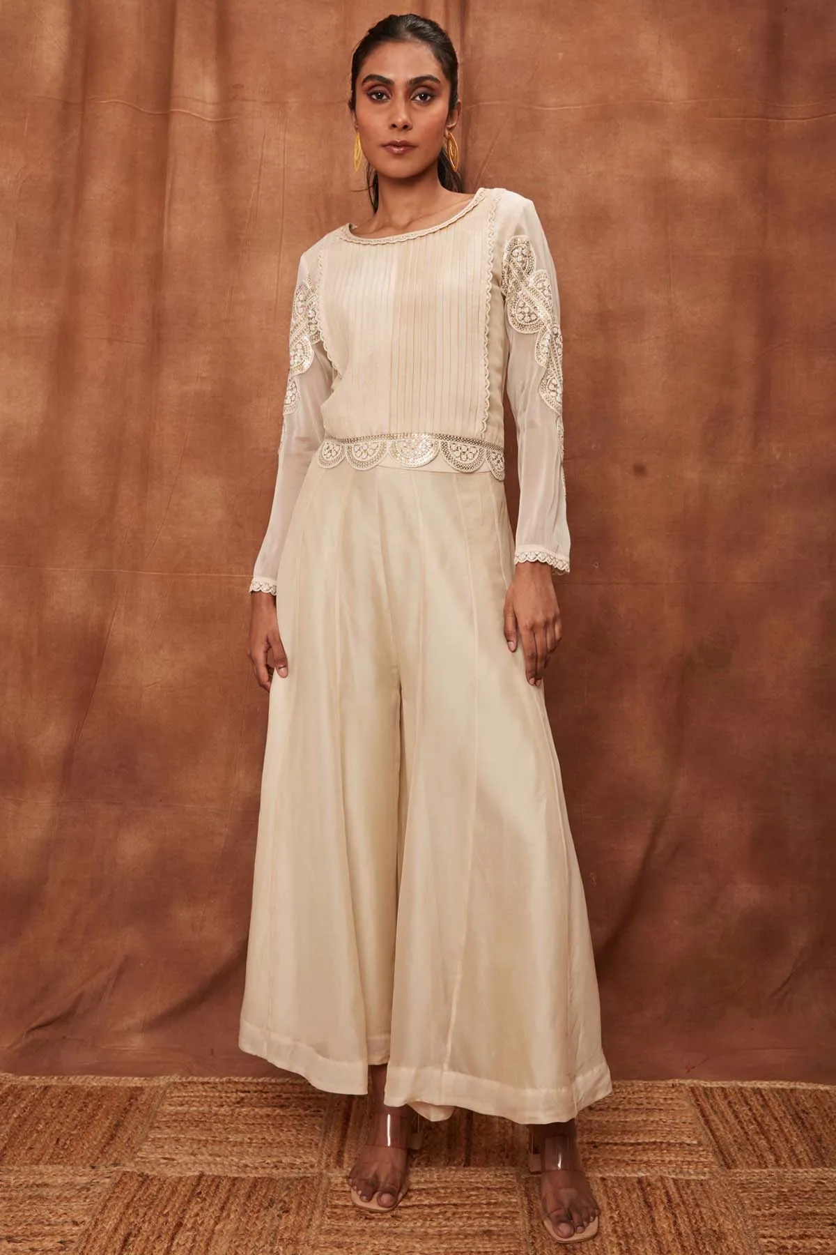 Cream Pintuck Silk Top & Pants