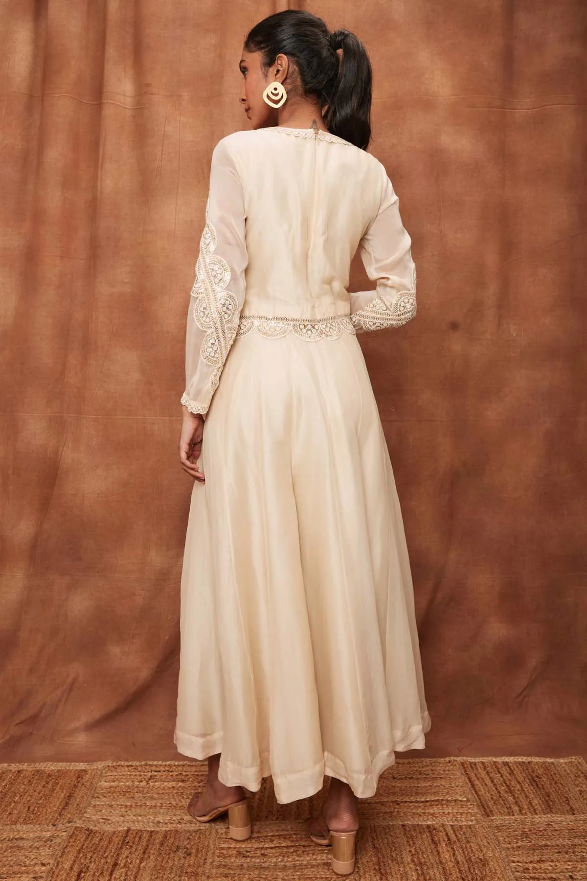 Cream Pintuck Silk Top & Pants