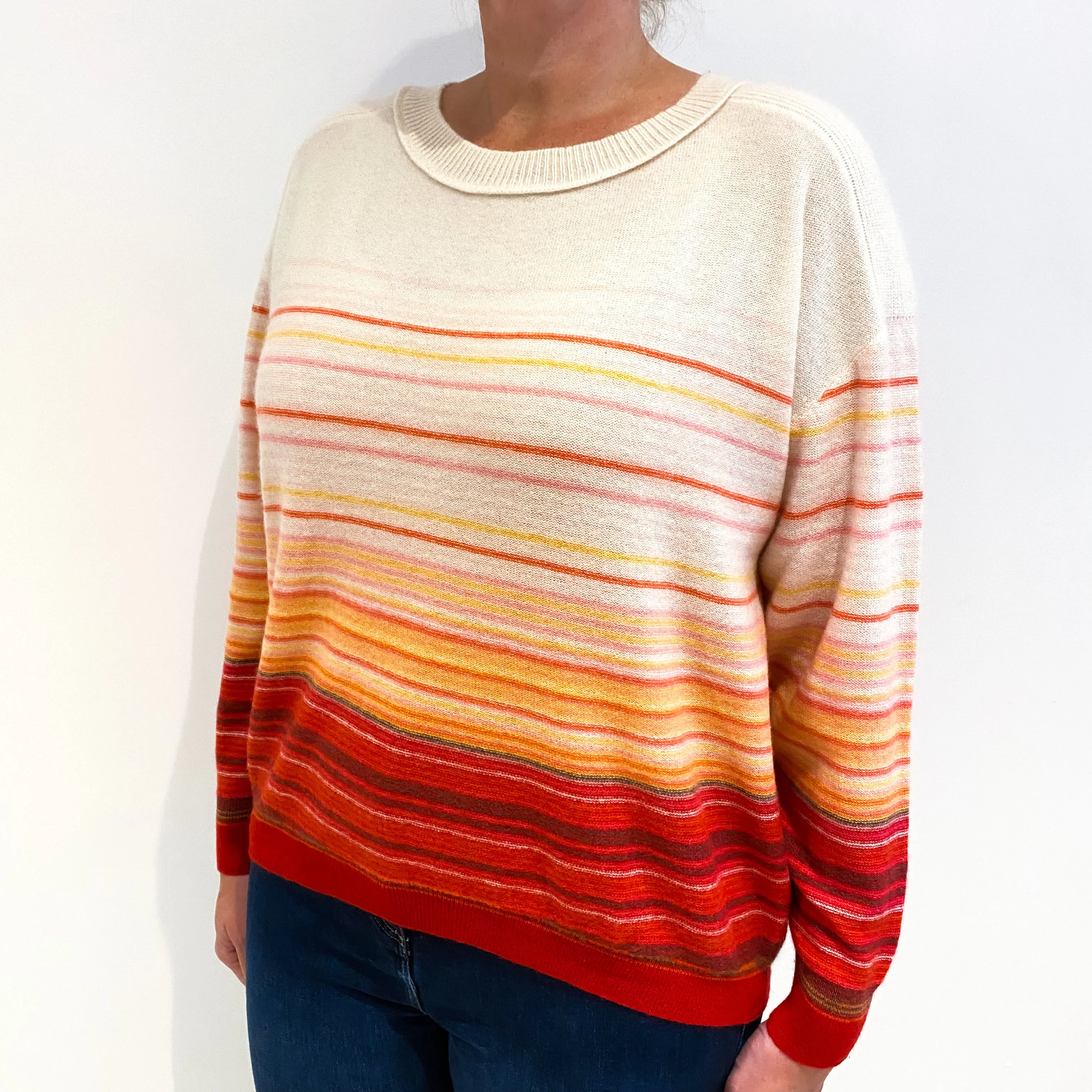 Cream, Red, Orange and Pink Striped Cashmere Crew Neck Jumper Large