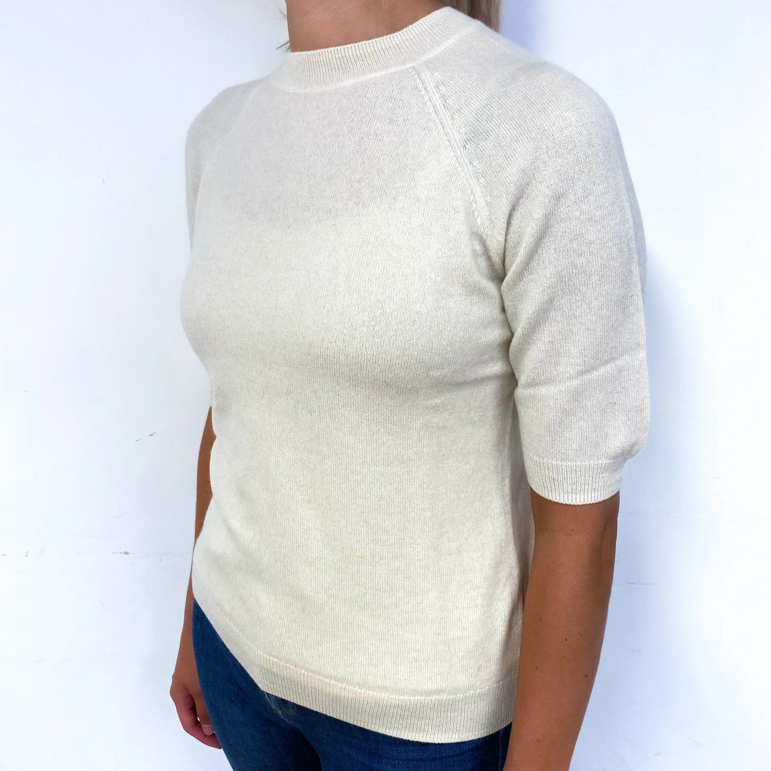 Cream Short Sleeve Cashmere Crew Neck Jumper Small