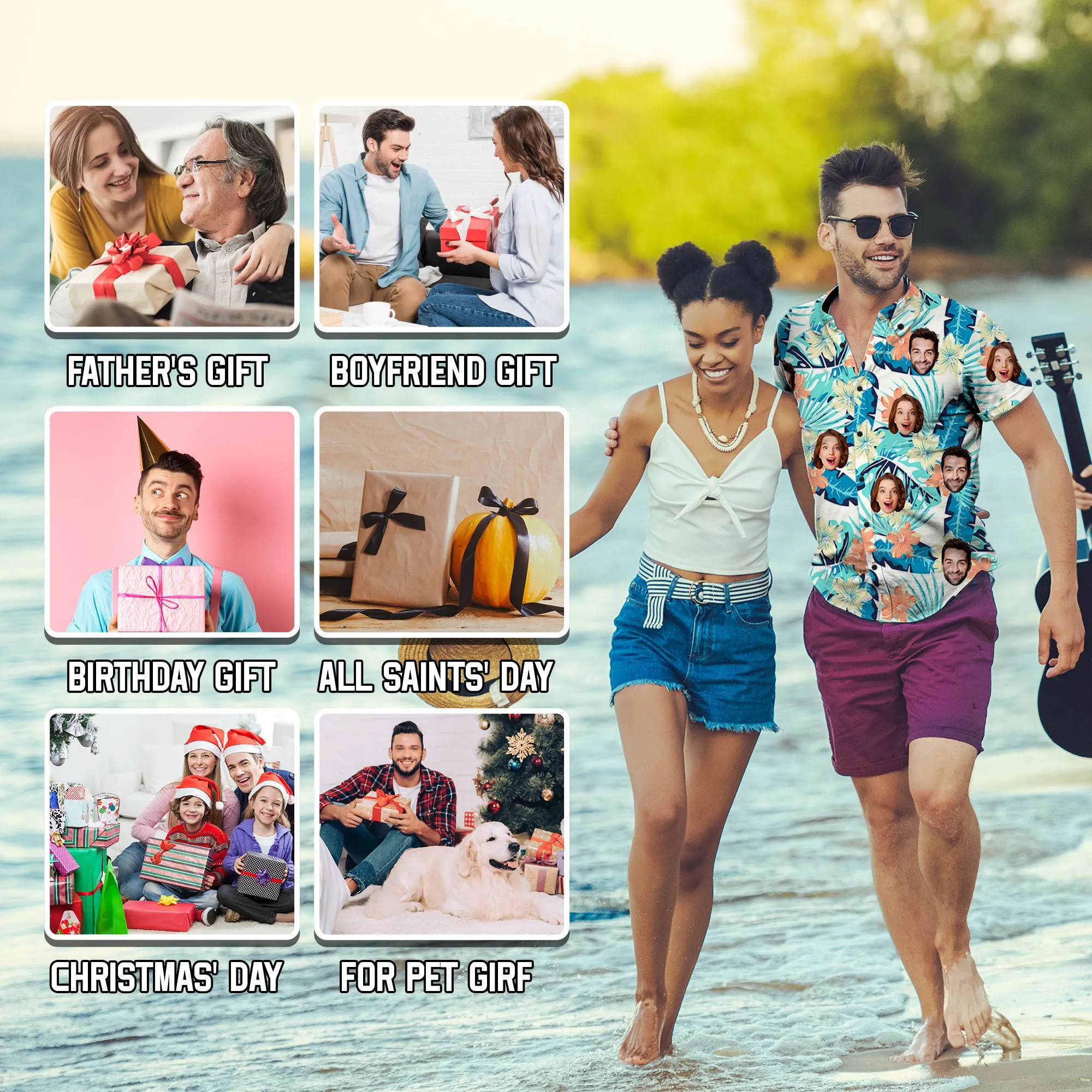 Custom Boho Hawaiian Shirt with Face for Men Personalized Photo Beach Retro Shirt Golf Aloha Shirt