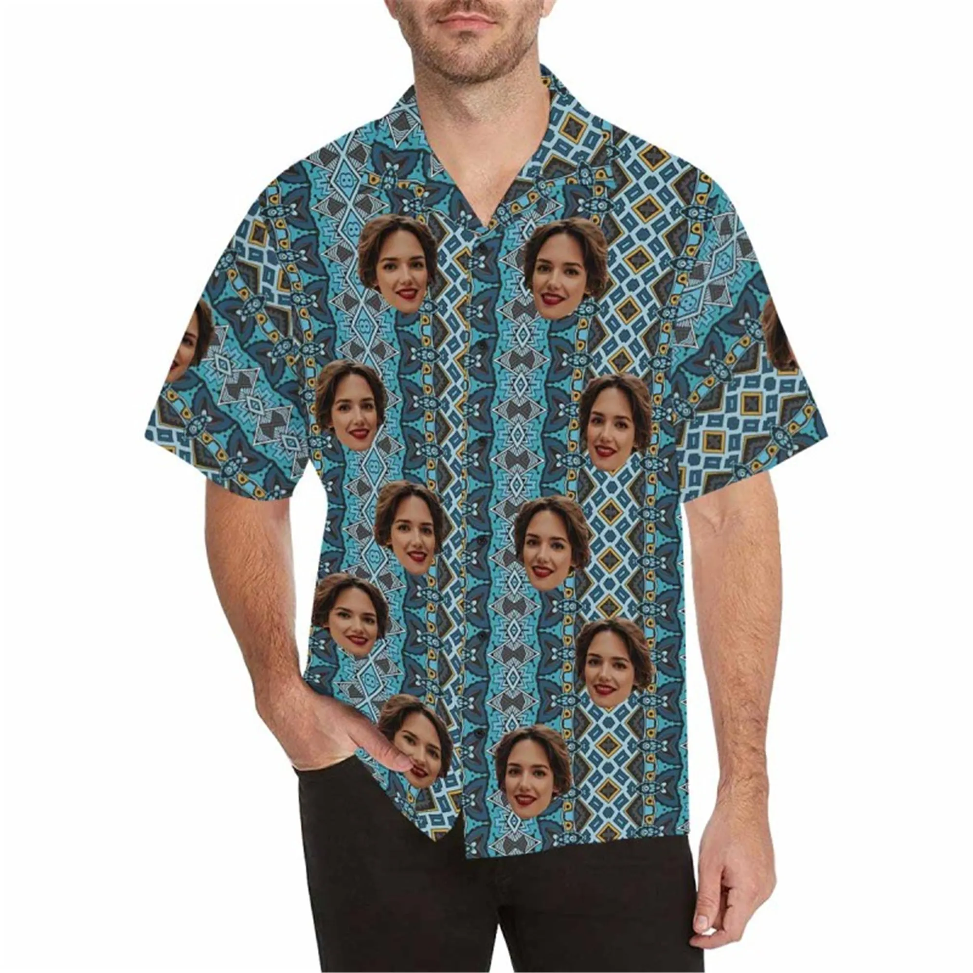 Custom Boho Hawaiian Shirt with Face for Men Personalized Photo Beach Retro Shirt Golf Aloha Shirt