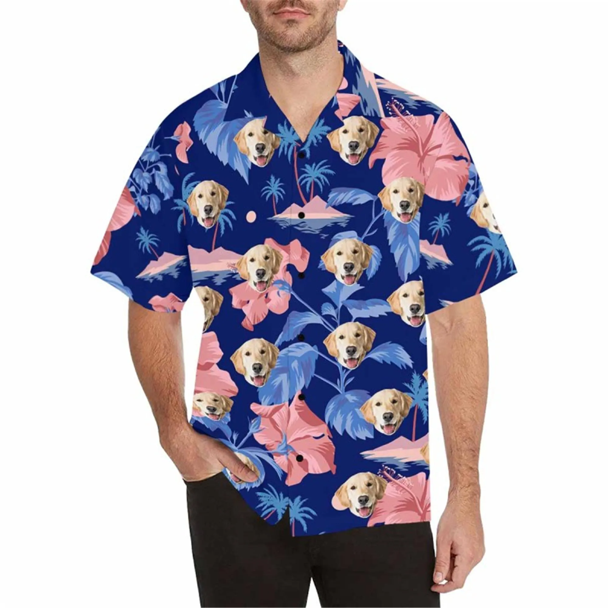 Custom Hawaiian Shirt with Dog for Men Personalized Tropical Flower Button Down Short Sleeve Hawaii Shirt Floral Beach Shirt
