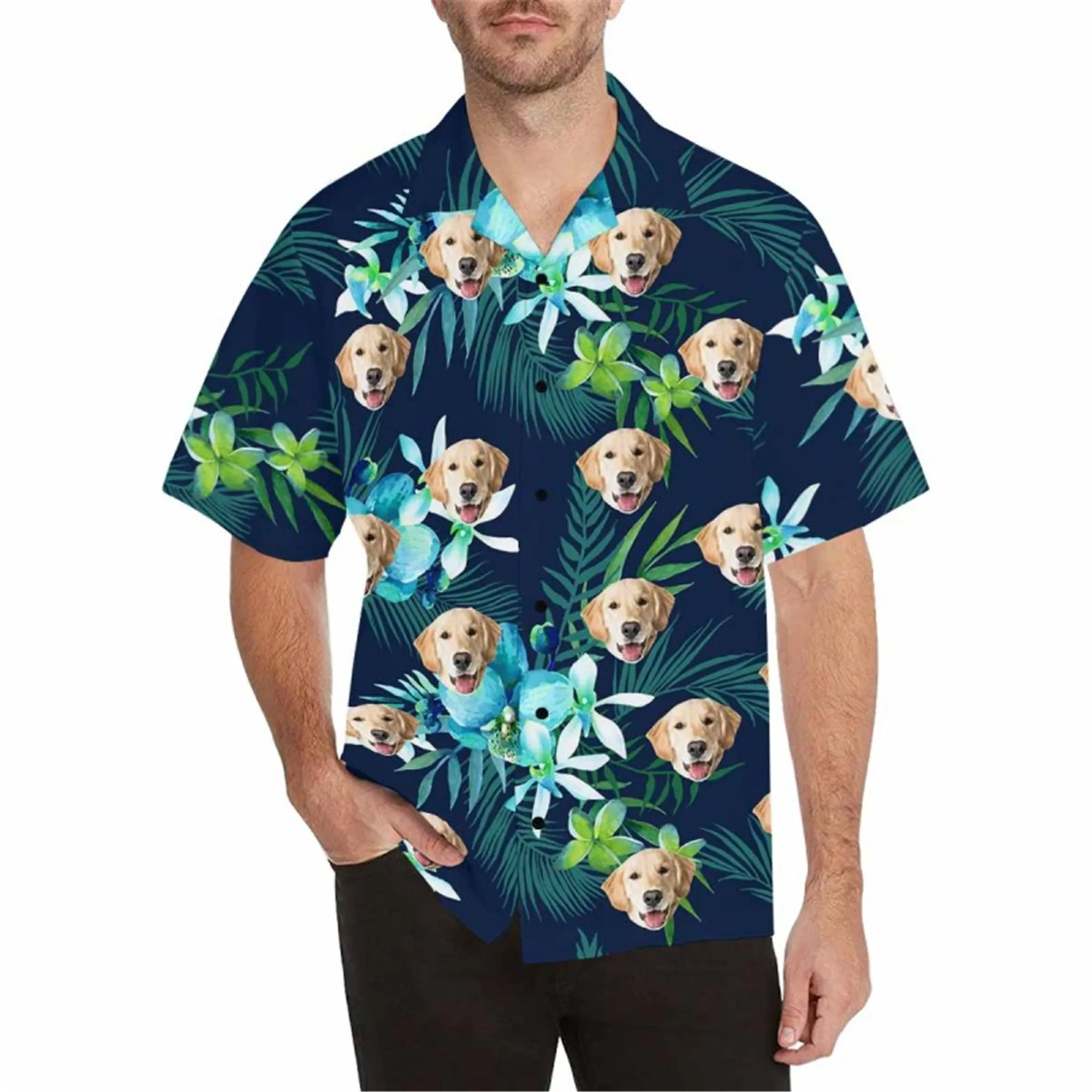 Custom Hawaiian Shirt with Dog for Men Personalized Tropical Flower Button Down Short Sleeve Hawaii Shirt Floral Beach Shirt
