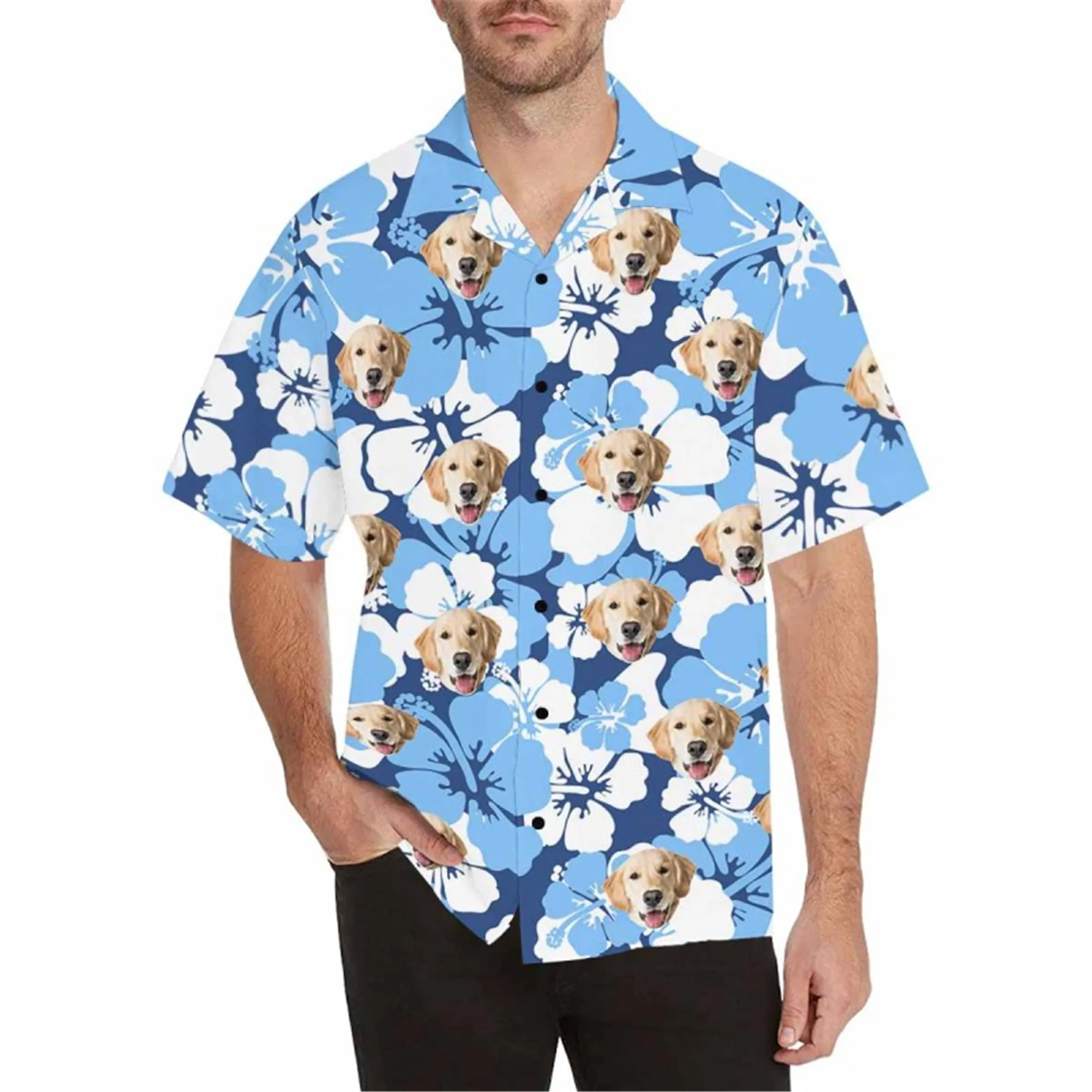 Custom Hawaiian Shirt with Dog for Men Personalized Tropical Flower Button Down Short Sleeve Hawaii Shirt Floral Beach Shirt