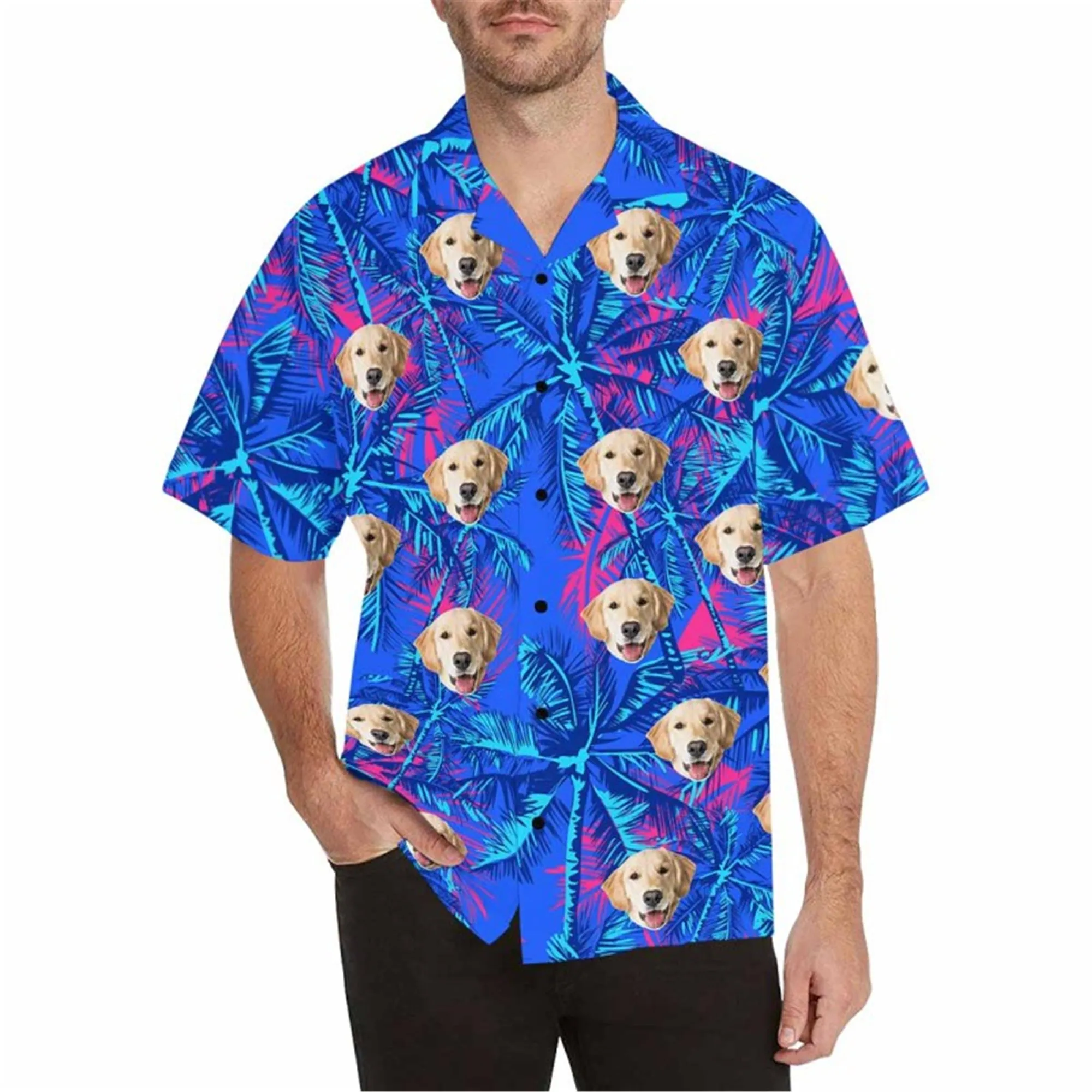 Custom Hawaiian Shirt with Dog for Men Personalized Tropical Flower Button Down Short Sleeve Hawaii Shirt Floral Beach Shirt