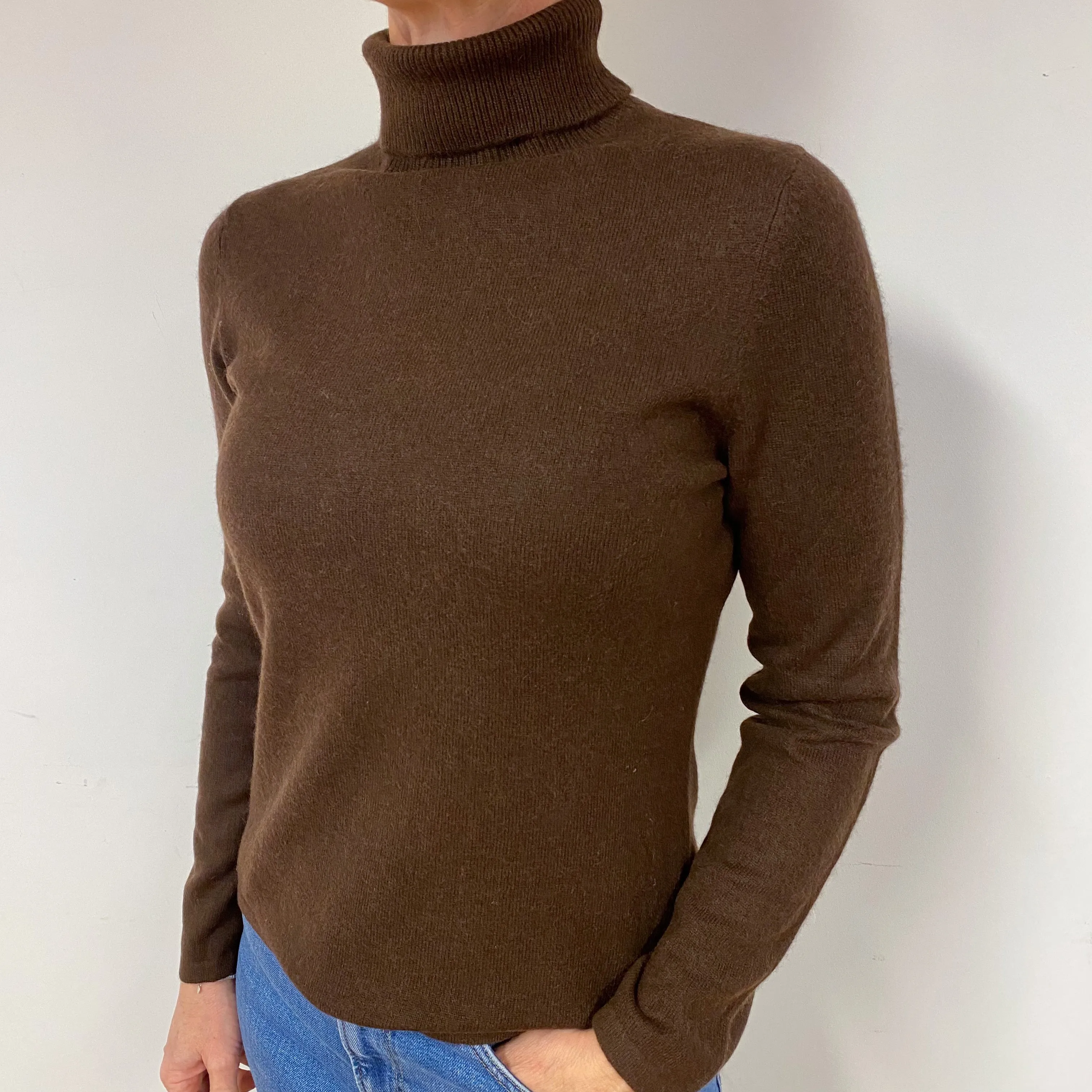 Dark Chocolate Brown Cashmere Polo Neck Jumper Medium