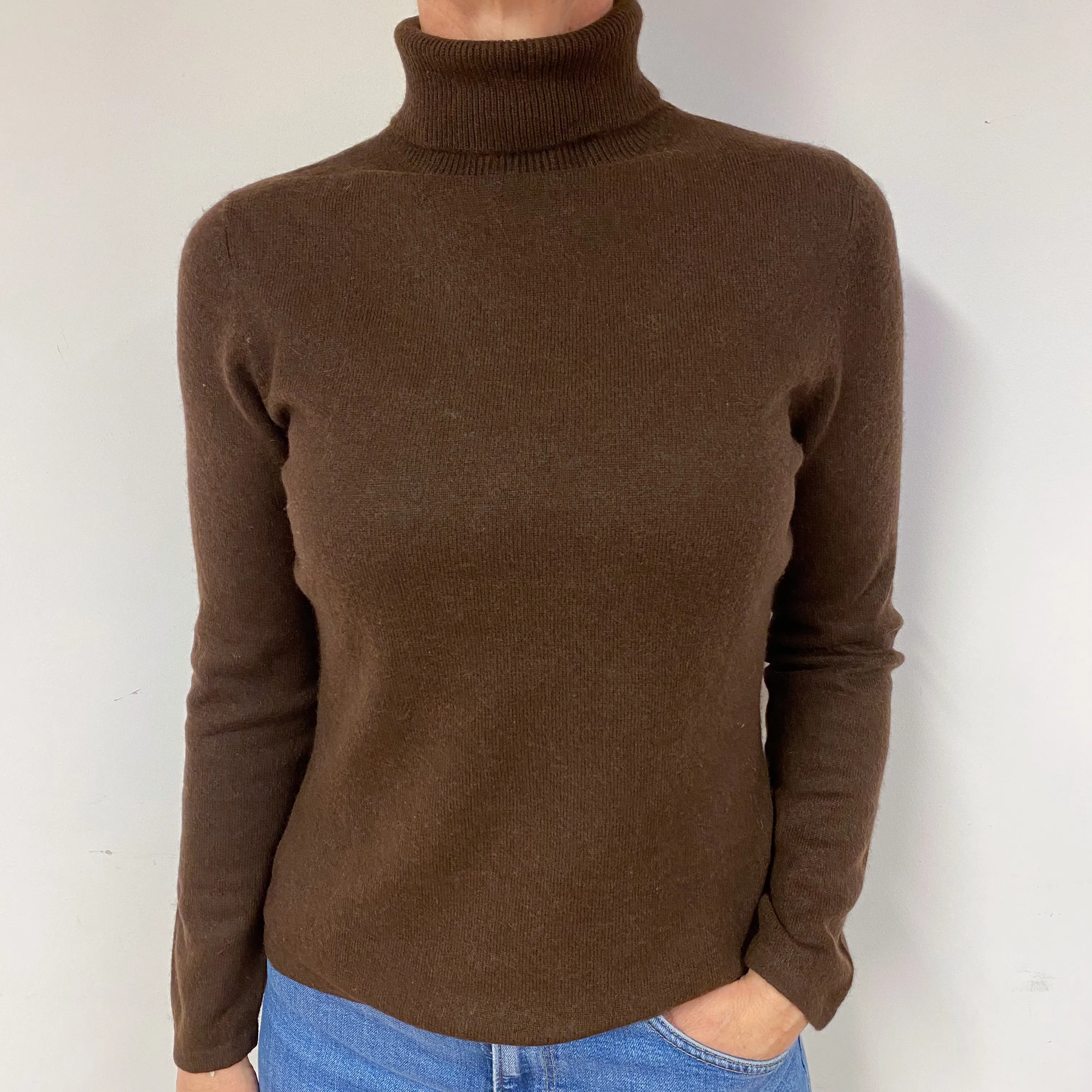 Dark Chocolate Brown Cashmere Polo Neck Jumper Medium