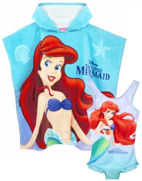 Disney The Little Mermaid Girl's Swimsuit And Hooded Towel Poncho Set Blue