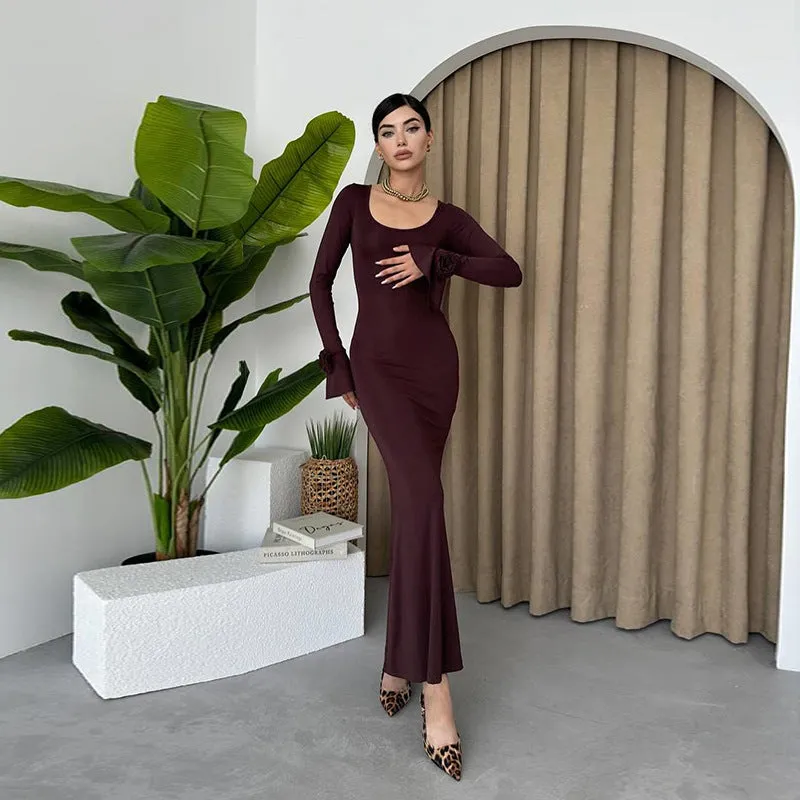 Elegant Round Neck Rose Decorative Long Sleeve Formal Dress
