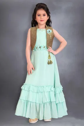 Enchanting Distemper Green Ethnic Gown with Golden Short Overcoat