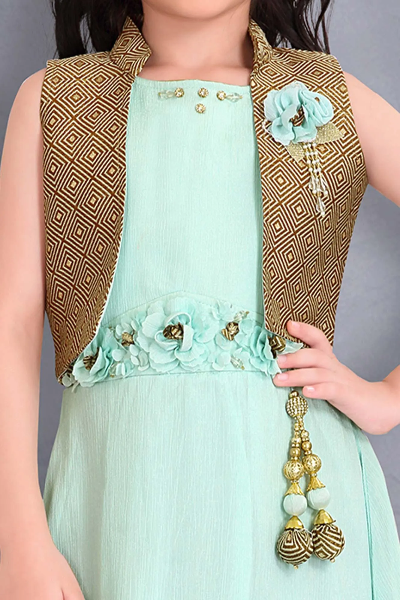 Enchanting Distemper Green Ethnic Gown with Golden Short Overcoat