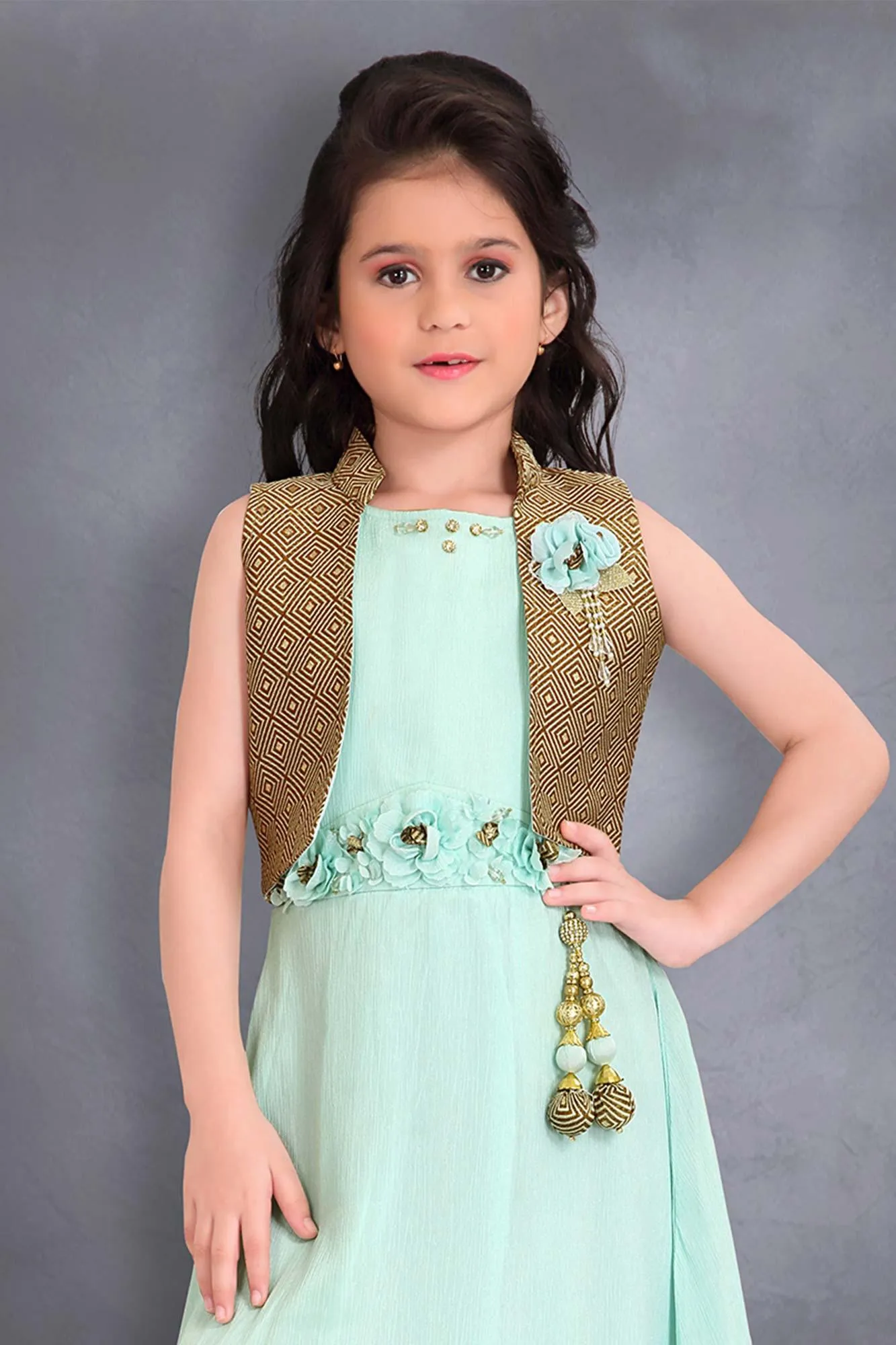 Enchanting Distemper Green Ethnic Gown with Golden Short Overcoat
