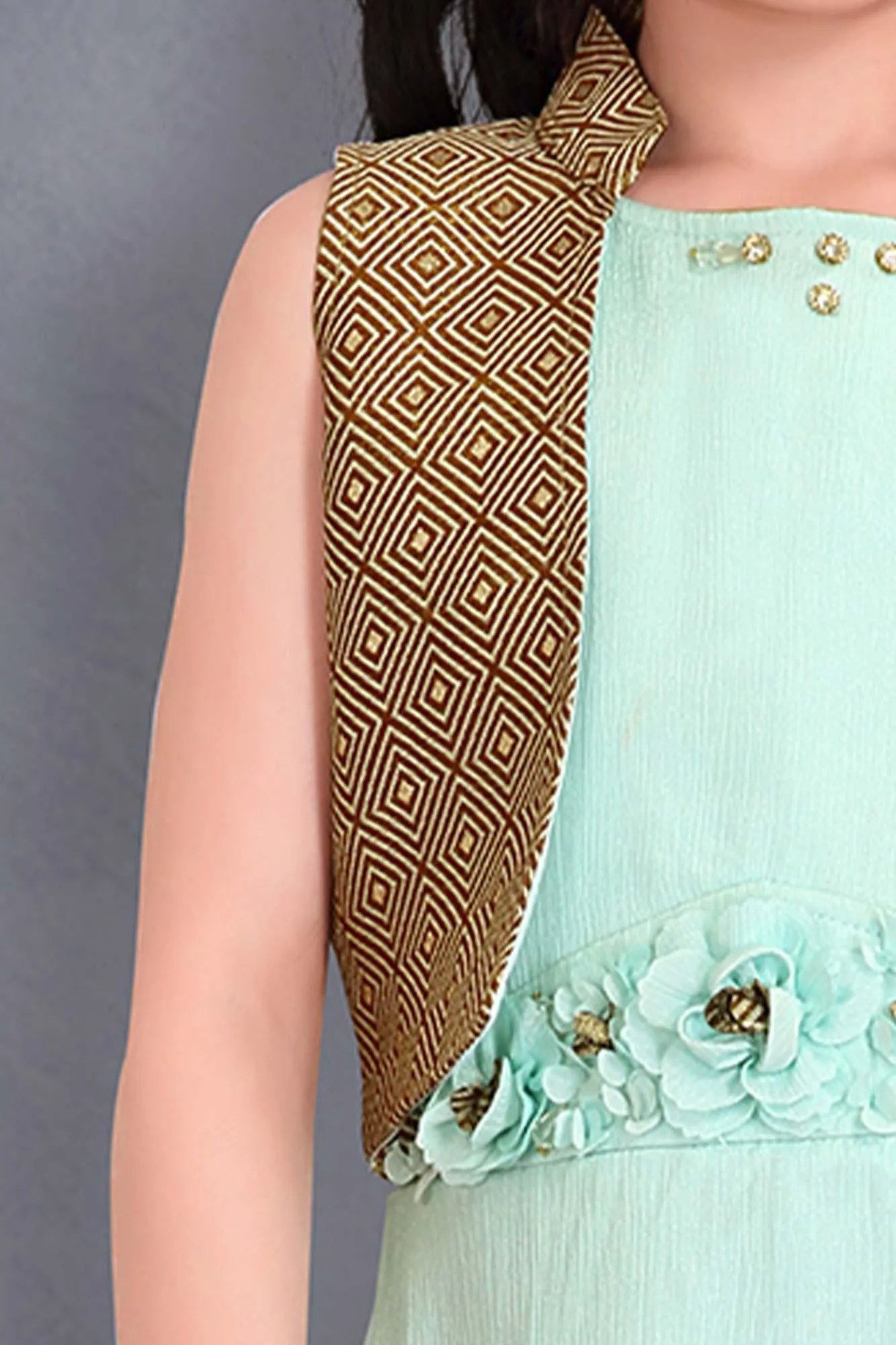 Enchanting Distemper Green Ethnic Gown with Golden Short Overcoat