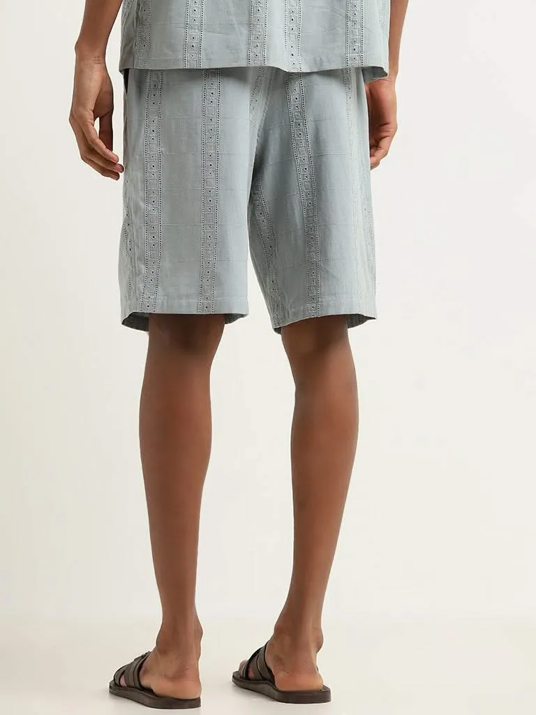 ETA Dusty Teal Schiffli Relaxed-Fit Mid-Rise Cotton Shorts