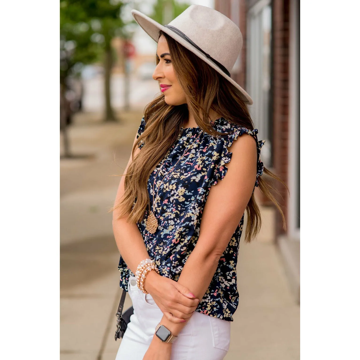 Floral Confetti Ruffle Trim Tank