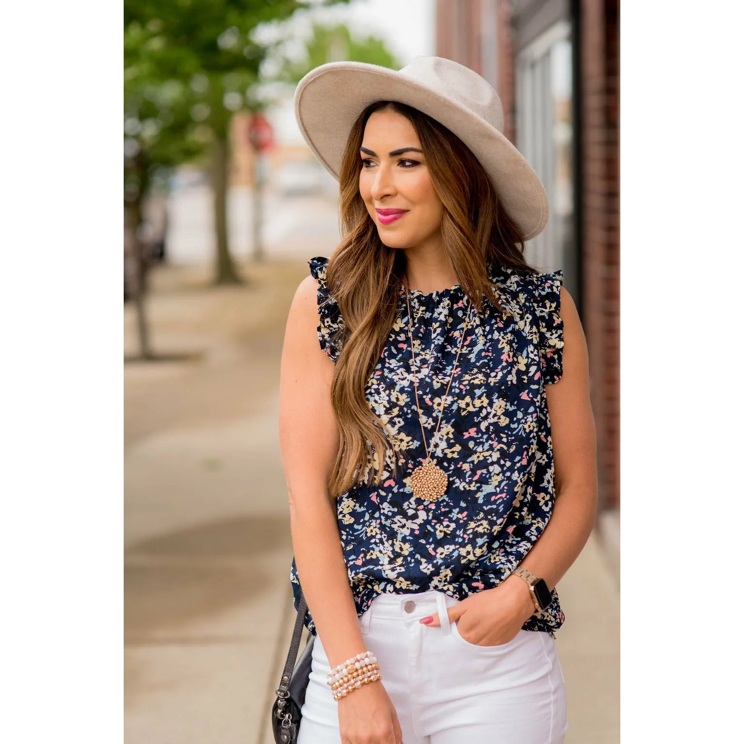 Floral Confetti Ruffle Trim Tank