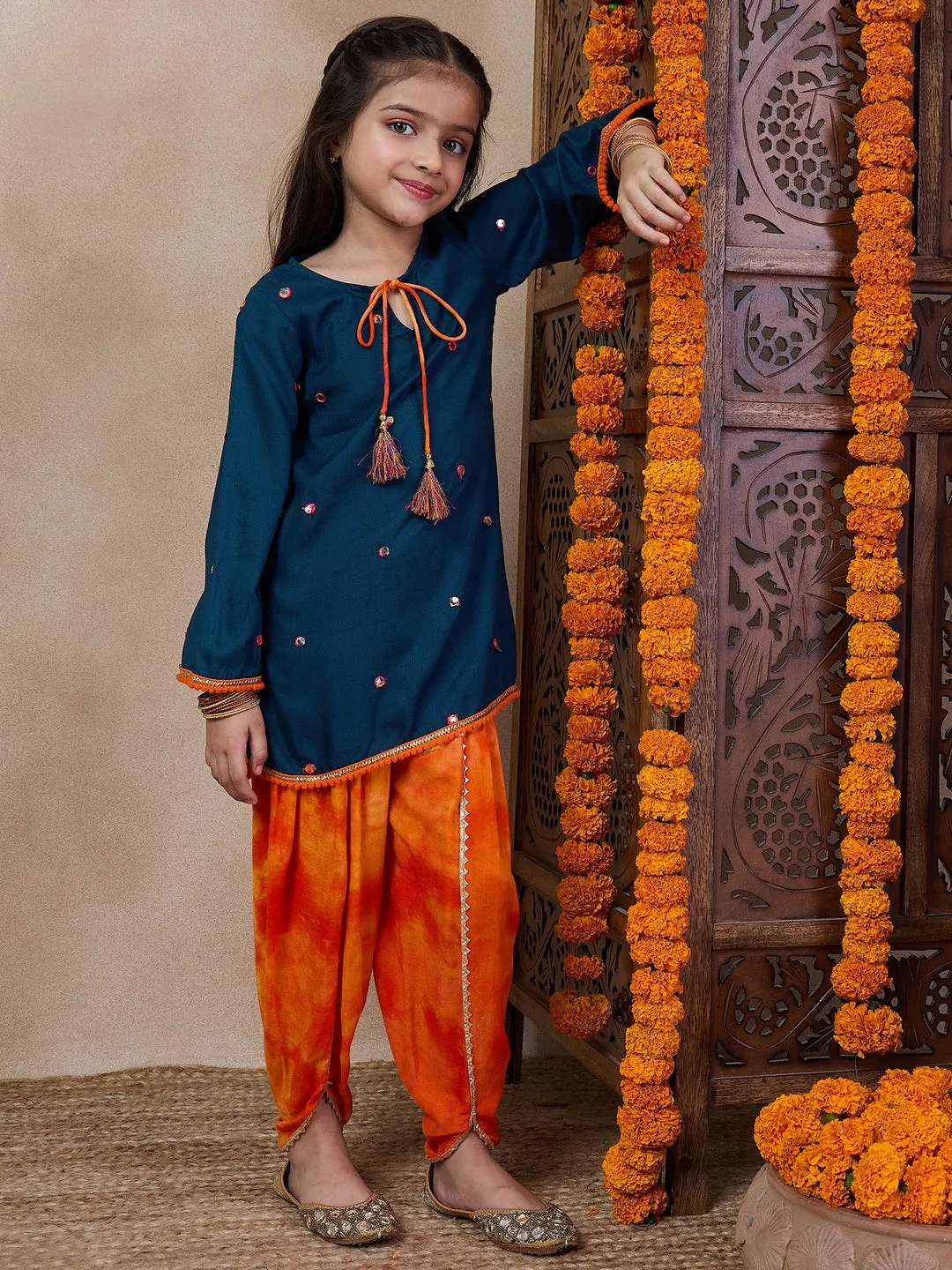 Girls Embroidered Tie-Up Neck Mirror Work A-Line Kurta With Dhoti Pants (DH-BLUEMIRROR)