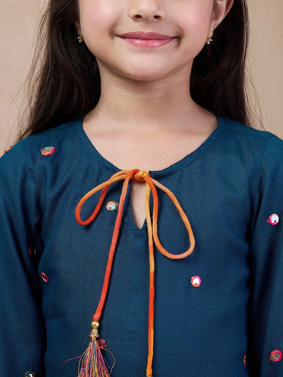 Girls Embroidered Tie-Up Neck Mirror Work A-Line Kurta With Dhoti Pants (DH-BLUEMIRROR)