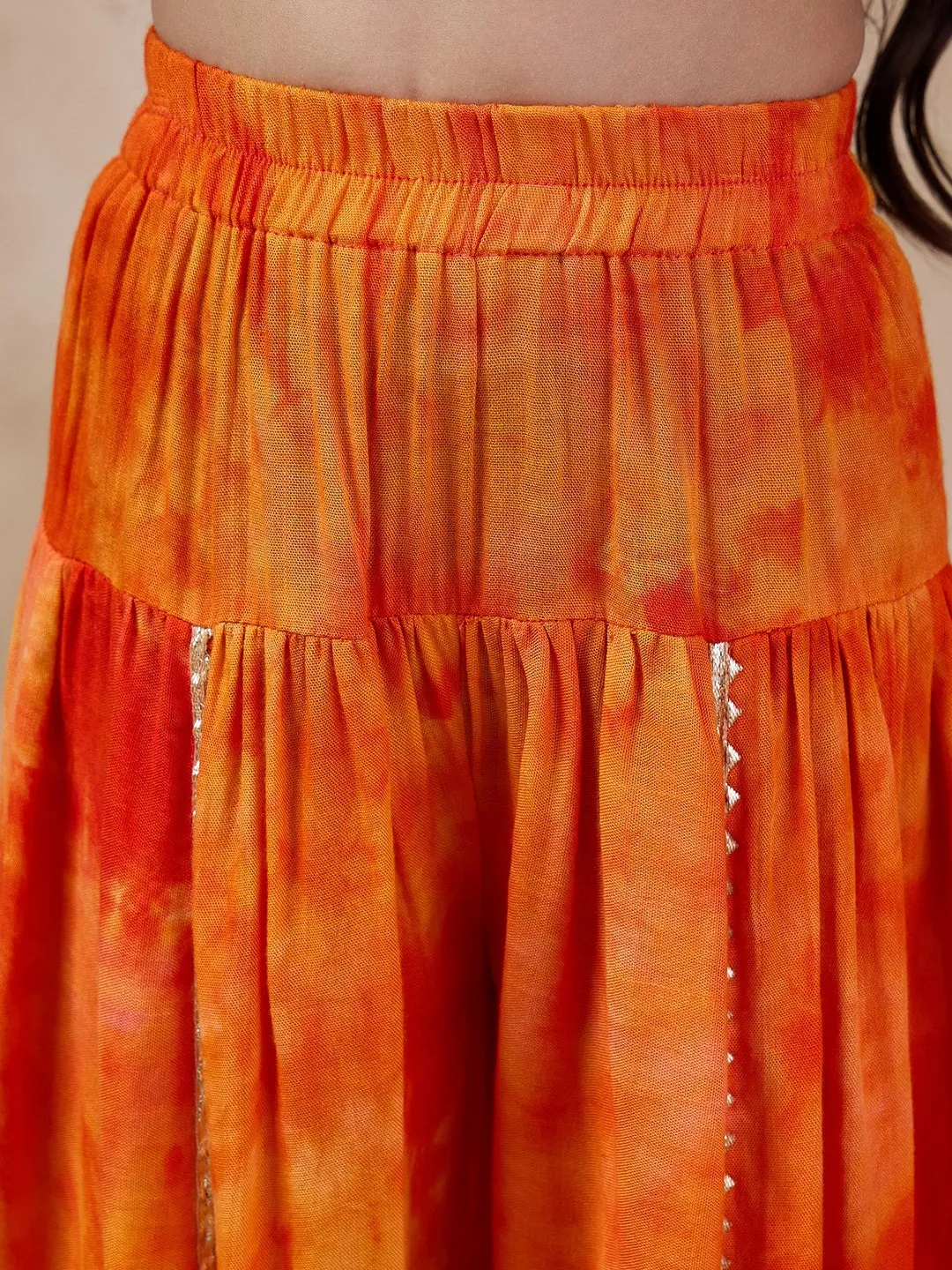 Girls Embroidered Tie-Up Neck Mirror Work A-Line Kurta With Dhoti Pants (DH-BLUEMIRROR)