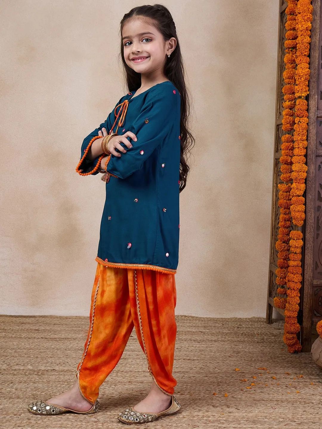 Girls Embroidered Tie-Up Neck Mirror Work A-Line Kurta With Dhoti Pants (DH-BLUEMIRROR)