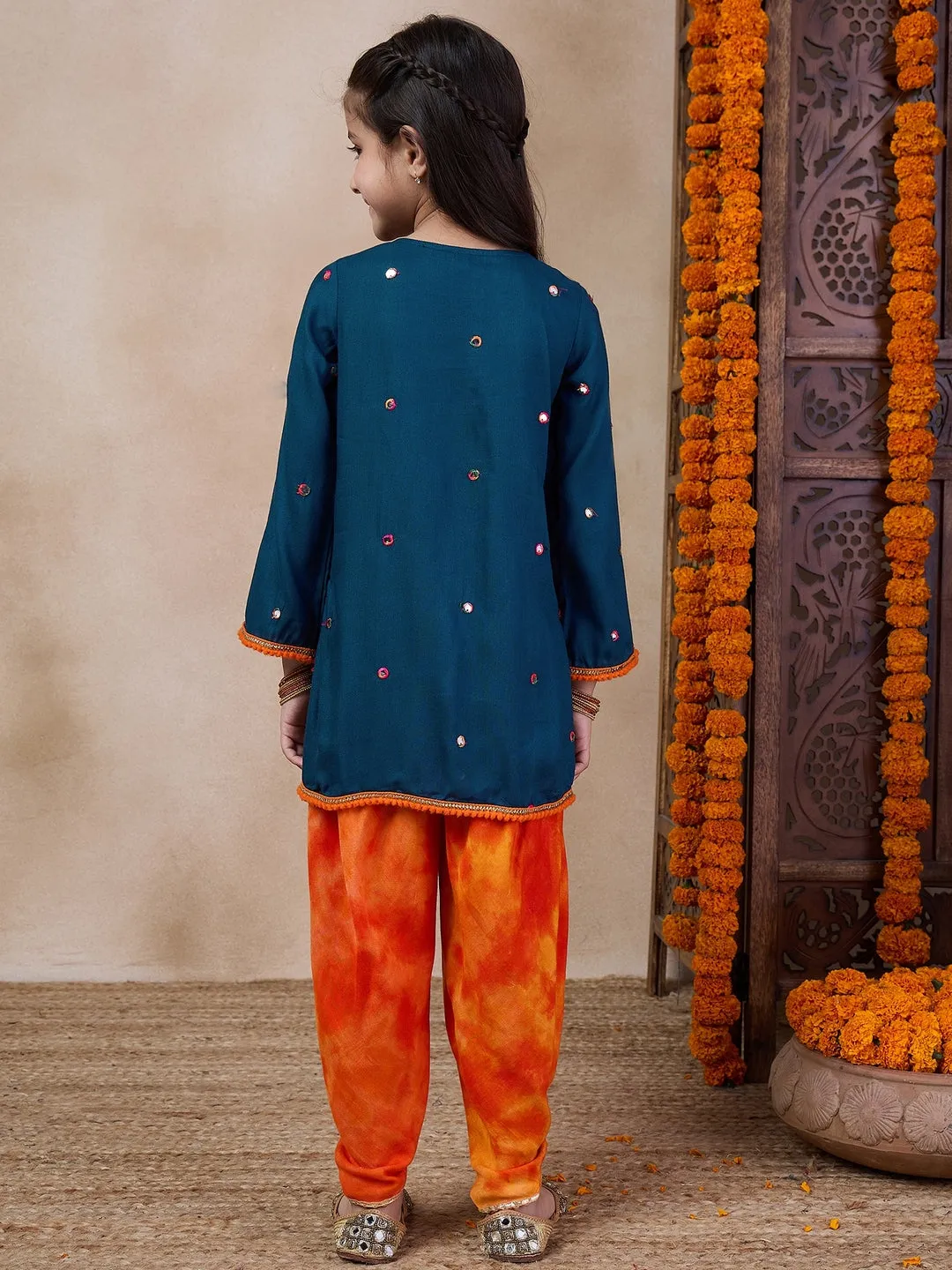 Girls Embroidered Tie-Up Neck Mirror Work A-Line Kurta With Dhoti Pants (DH-BLUEMIRROR)