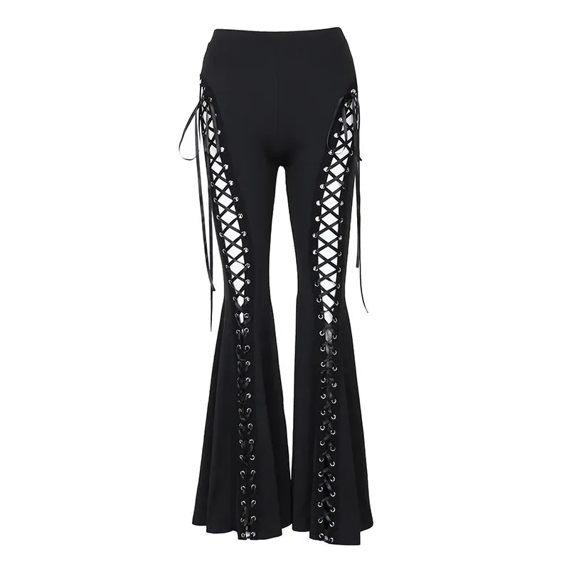 Gothic Cut Out Black Lace Up High Waist Flare Pants