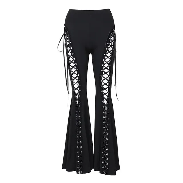 Gothic Cut Out Black Lace Up High Waist Flare Pants