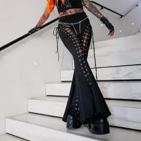 Gothic Cut Out Black Lace Up High Waist Flare Pants