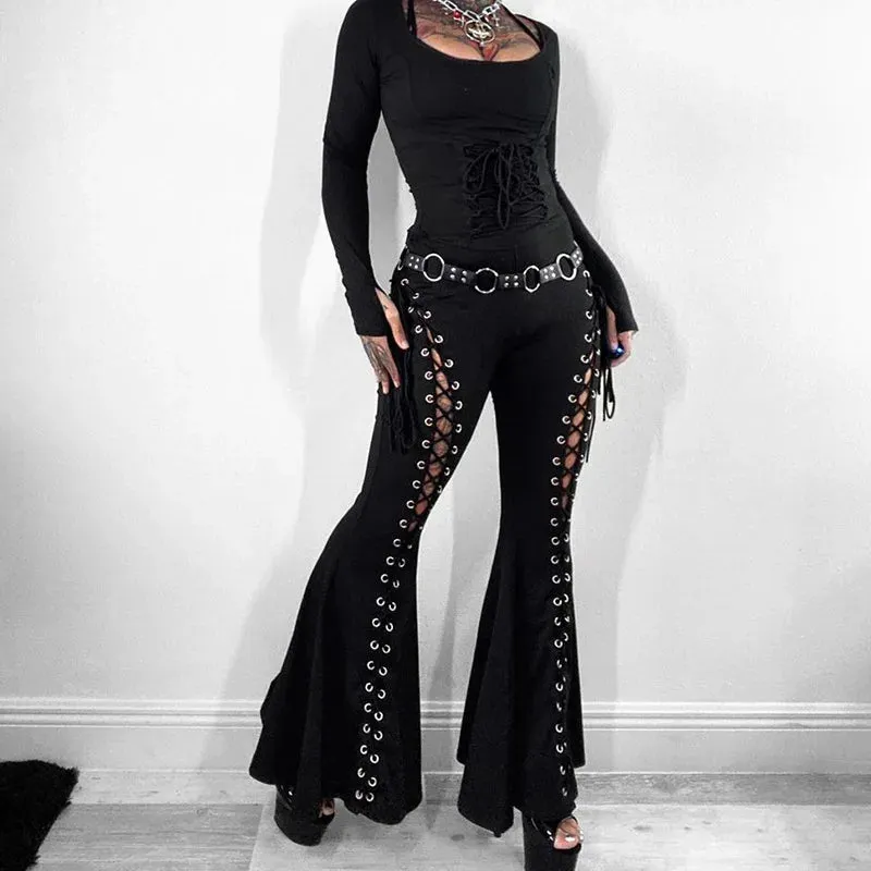 Gothic Cut Out Black Lace Up High Waist Flare Pants