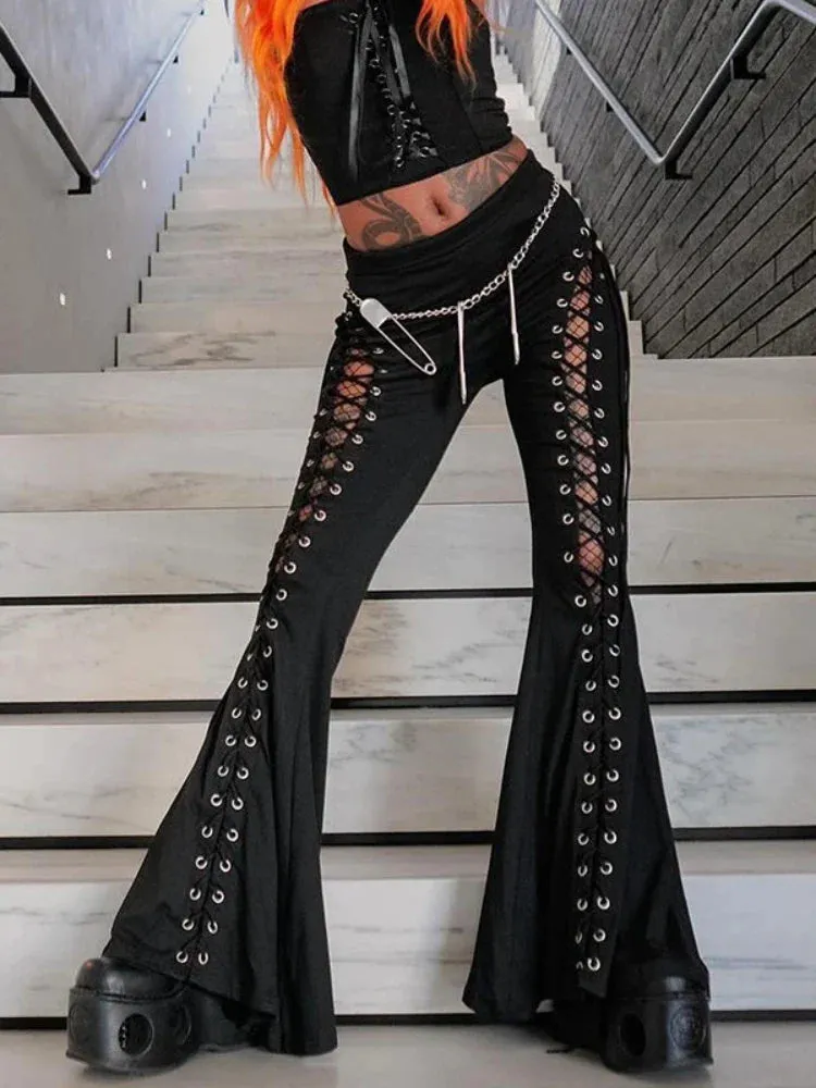 Gothic Cut Out Black Lace Up High Waist Flare Pants