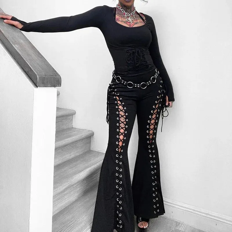 Gothic Cut Out Black Lace Up High Waist Flare Pants