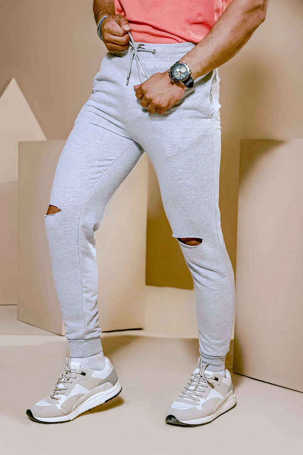 Heather Grey Jogger With Knee Rip Detail
