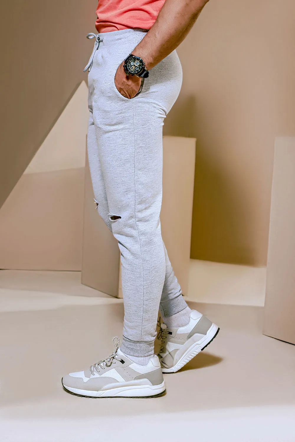 Heather Grey Jogger With Knee Rip Detail