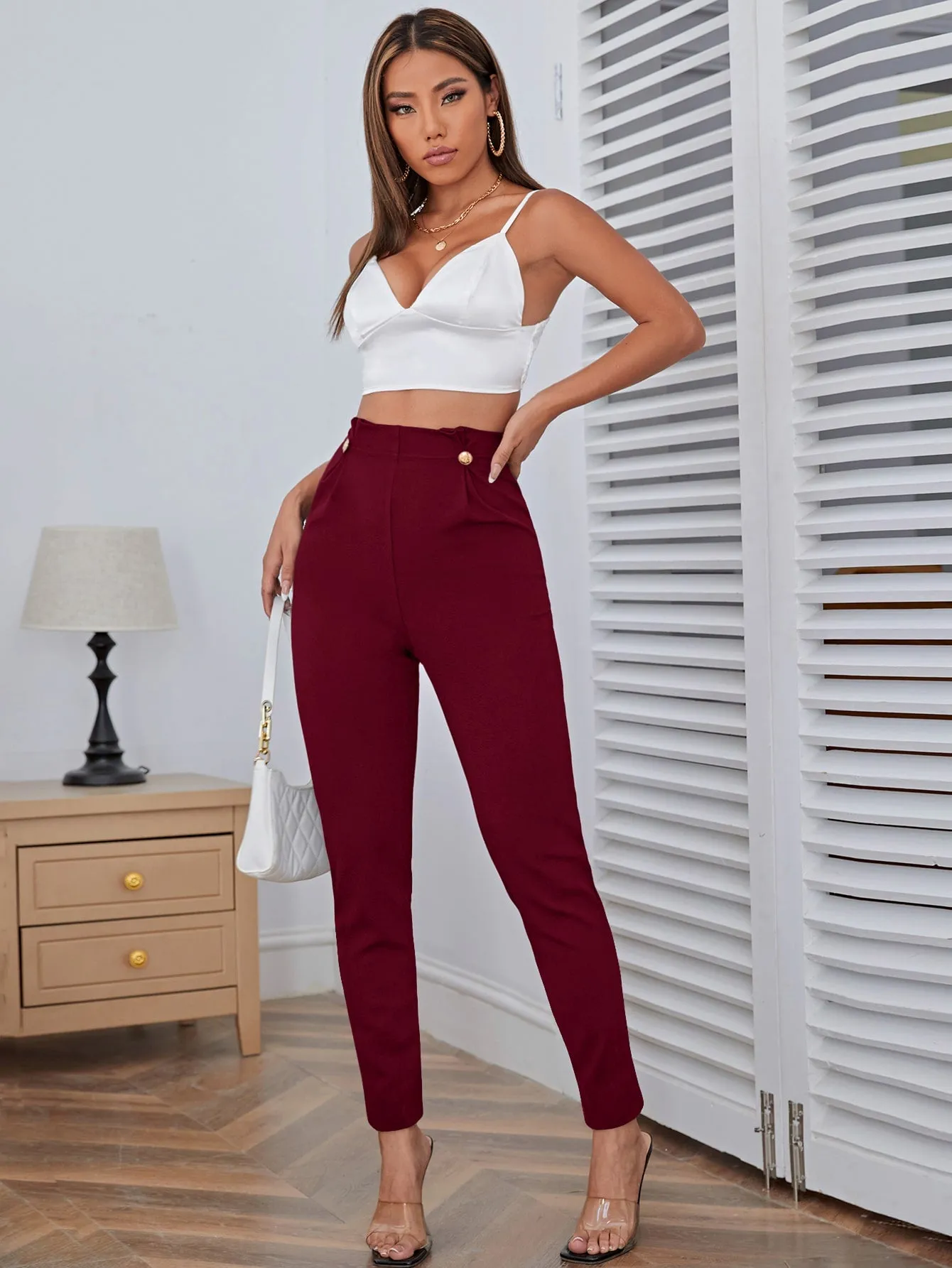 High Waist Button Detail Pants