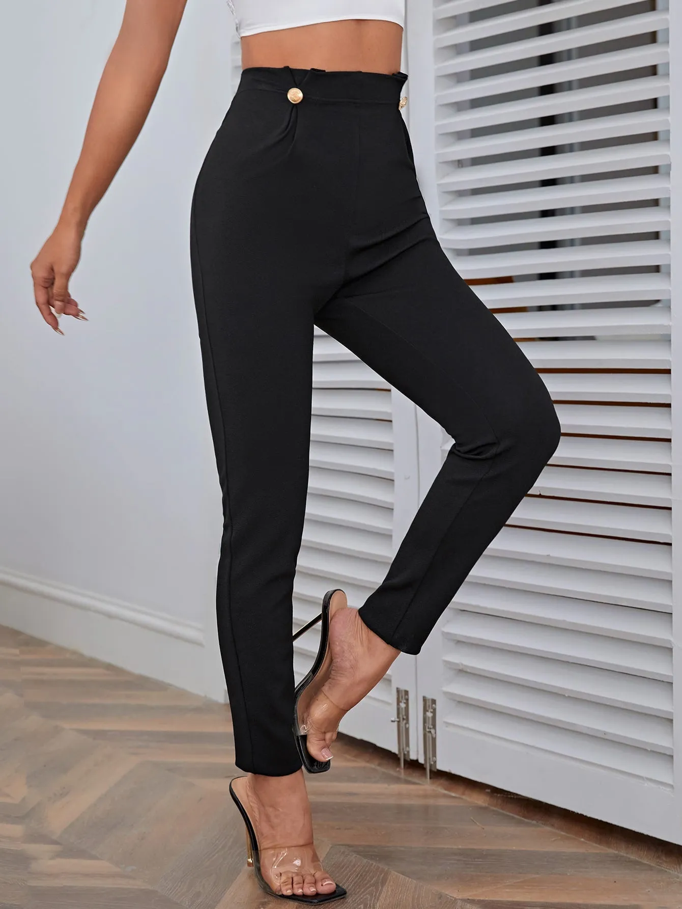 High Waist Button Detail Pants