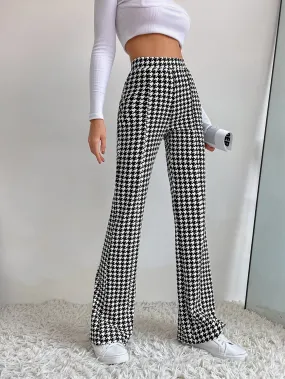 High Waist Houndstooth Flare Leg Pants