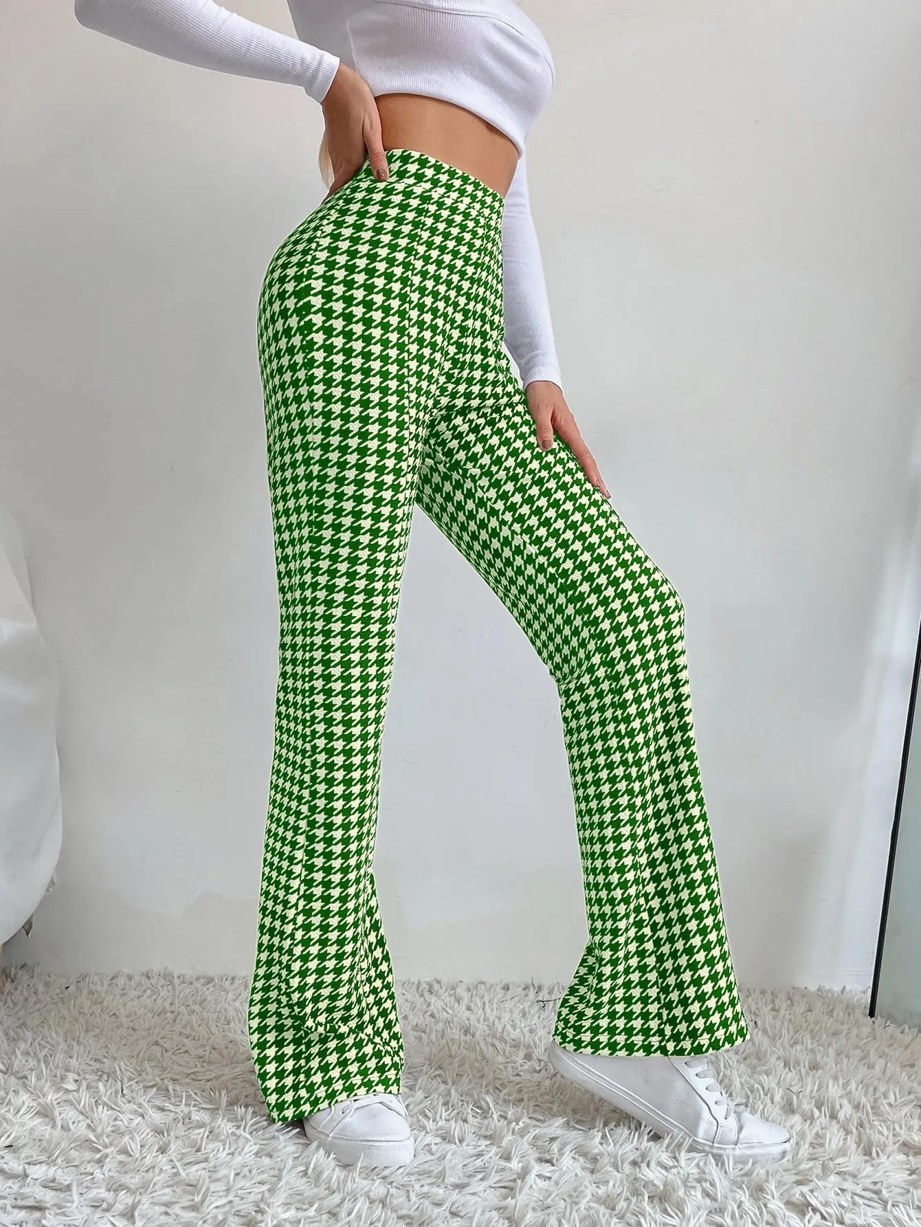 High Waist Houndstooth Flare Leg Pants
