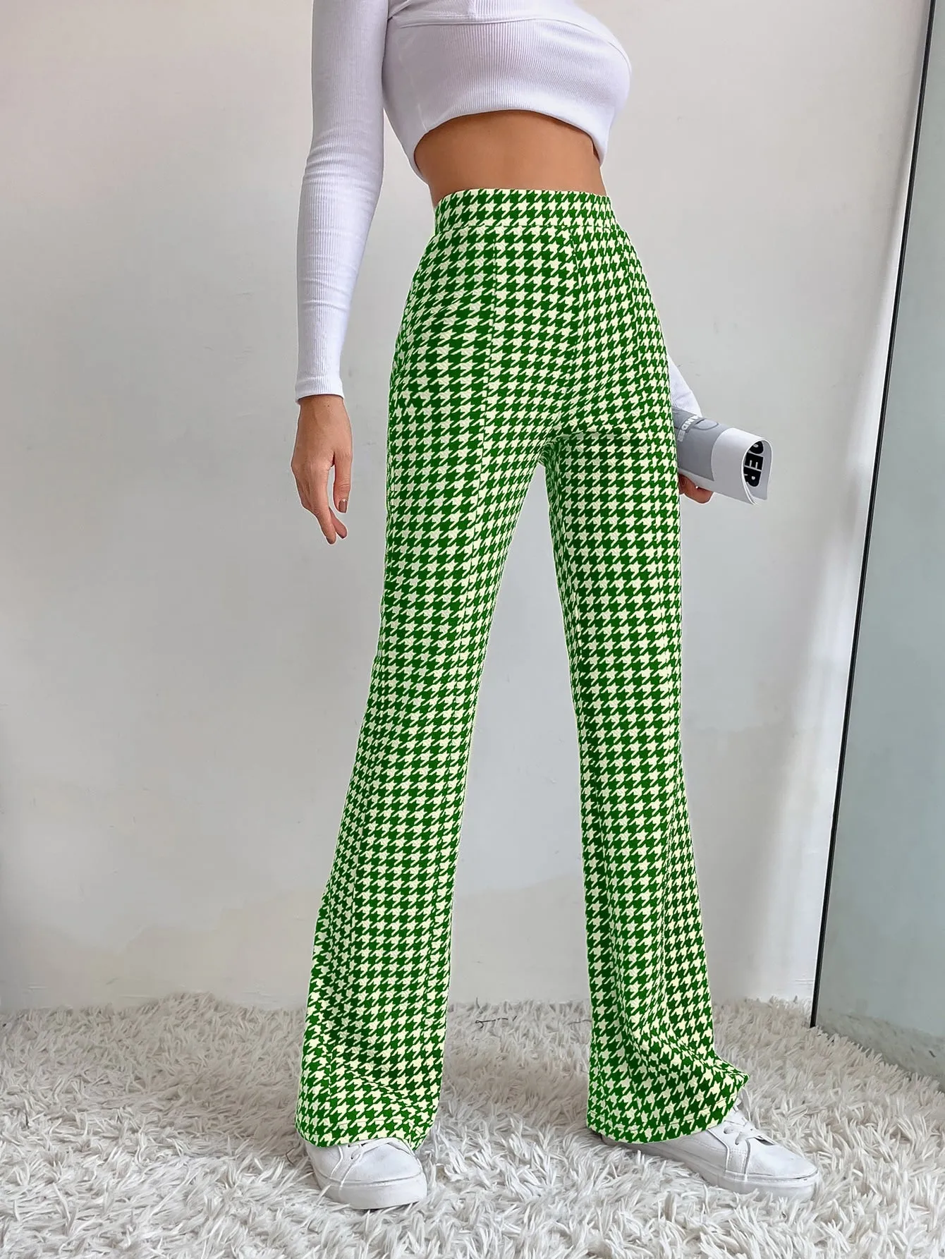 High Waist Houndstooth Flare Leg Pants