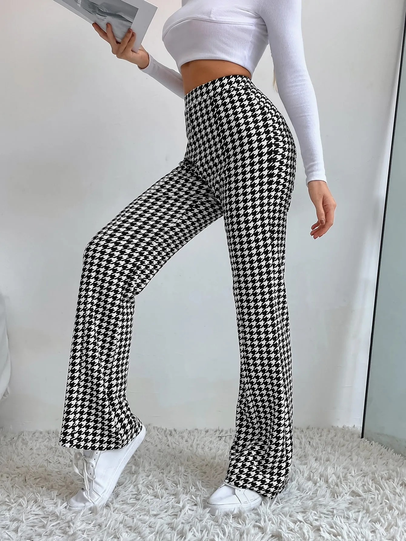High Waist Houndstooth Flare Leg Pants