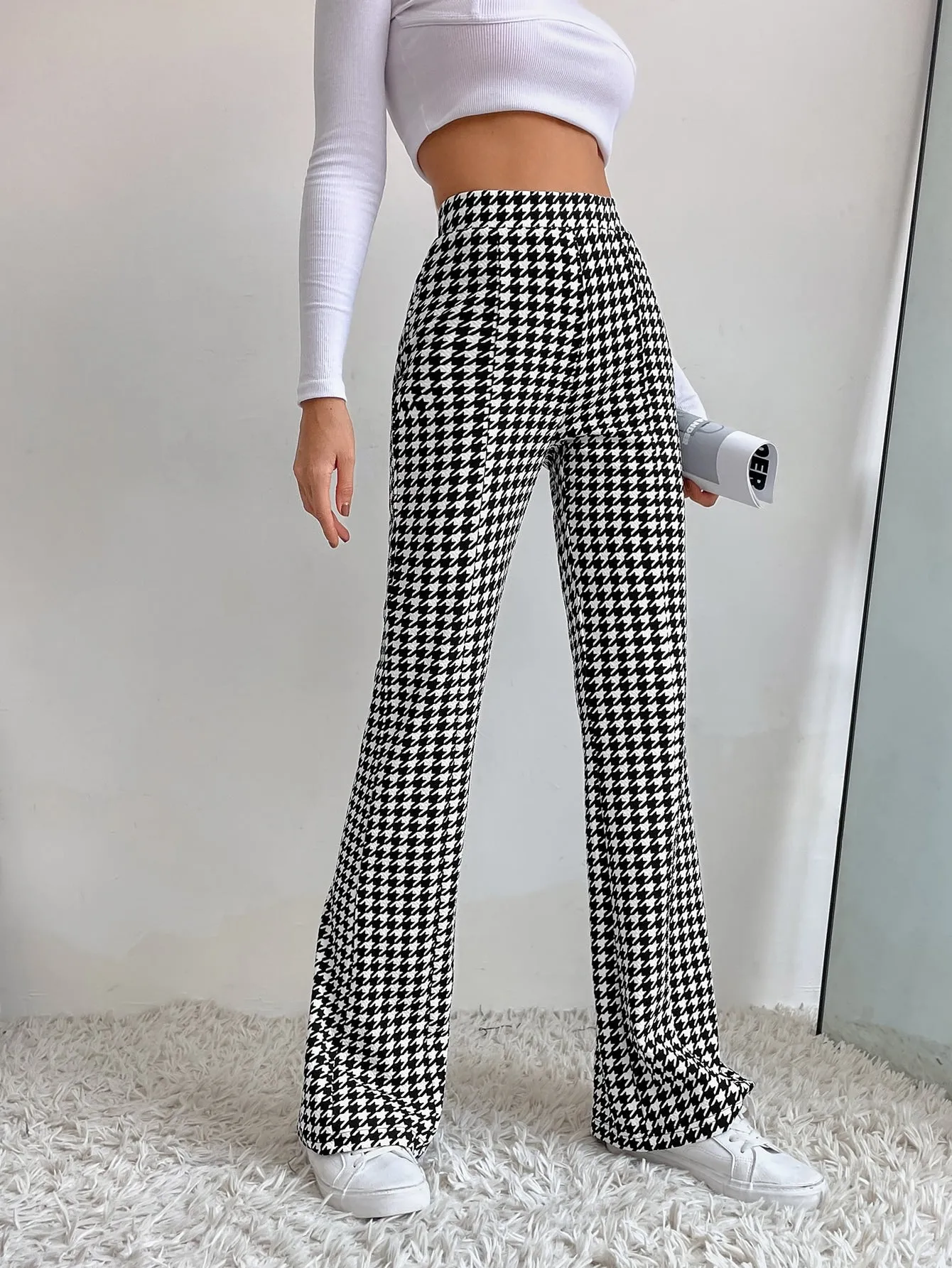 High Waist Houndstooth Flare Leg Pants
