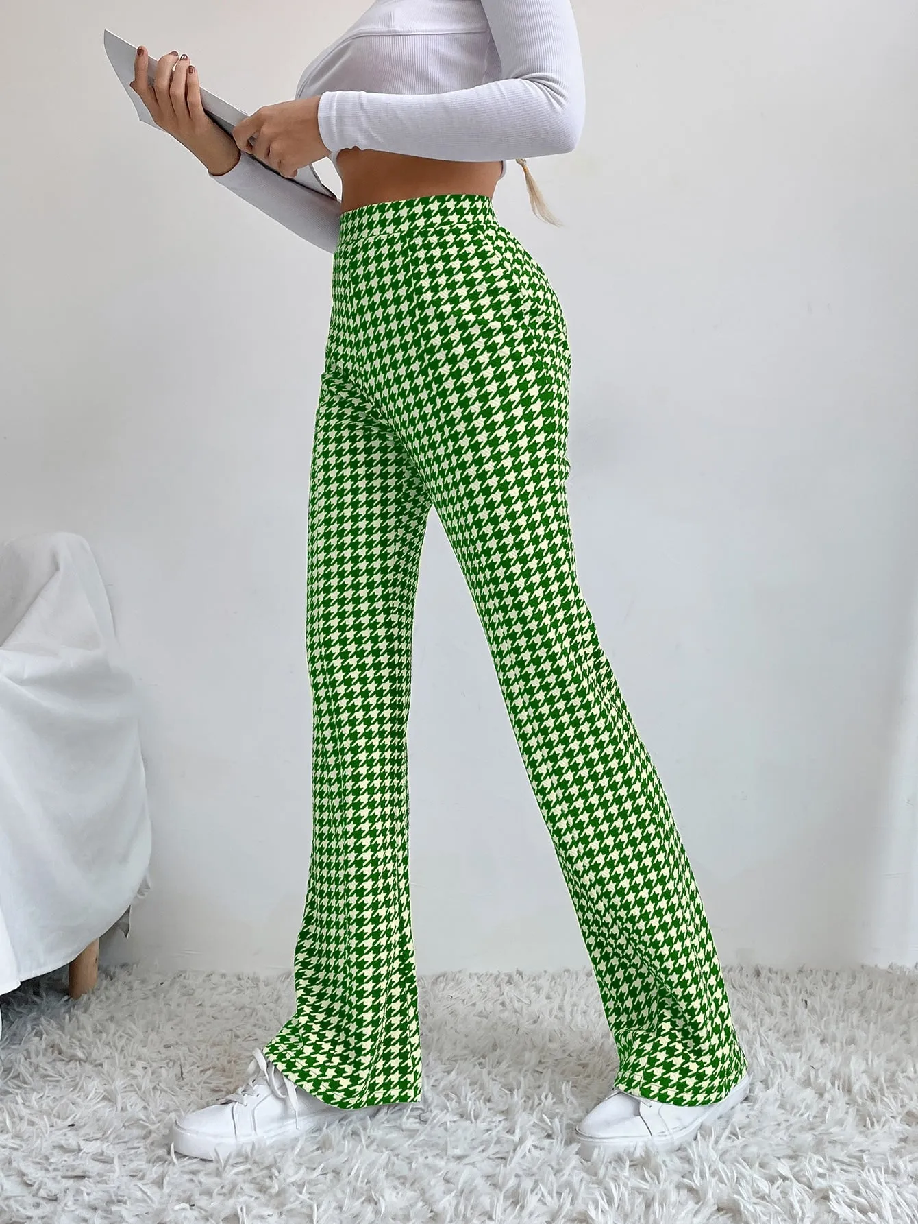 High Waist Houndstooth Flare Leg Pants