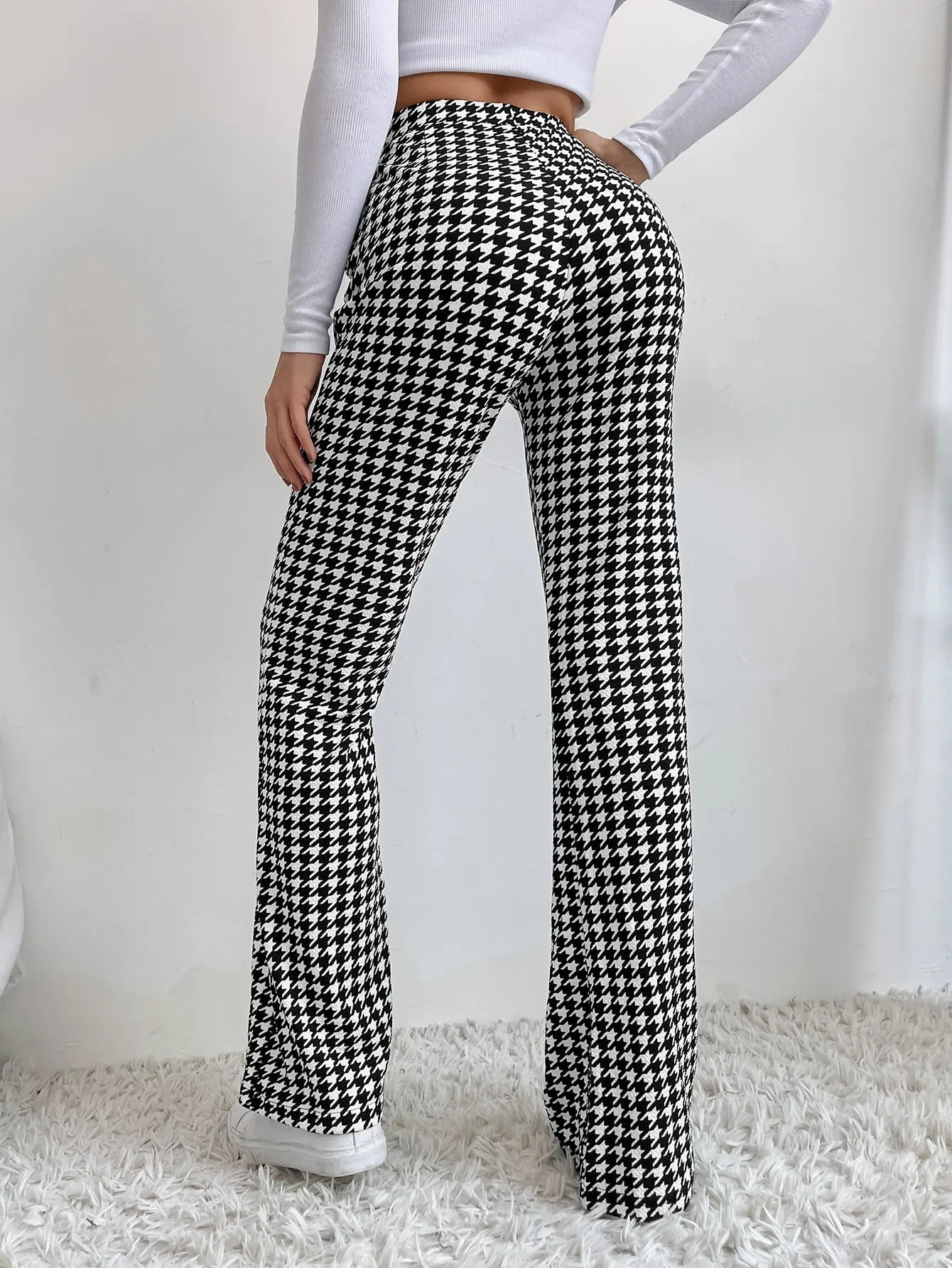 High Waist Houndstooth Flare Leg Pants