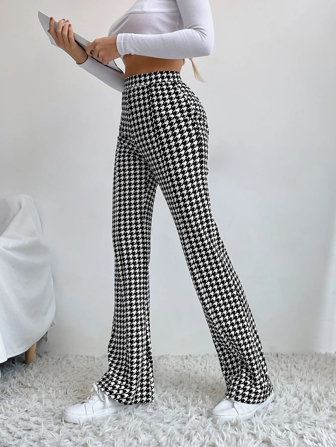 High Waist Houndstooth Flare Leg Pants
