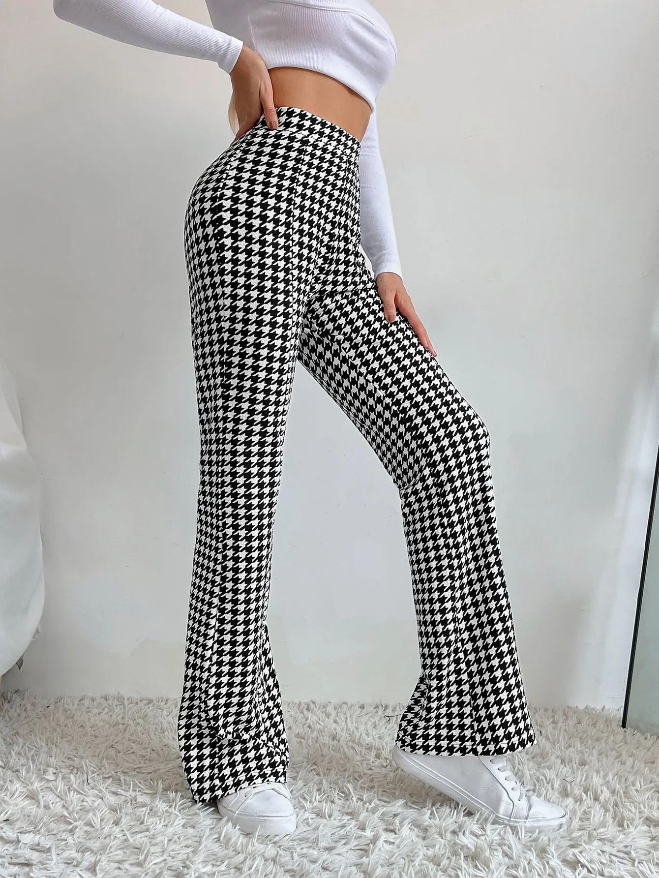 High Waist Houndstooth Flare Leg Pants