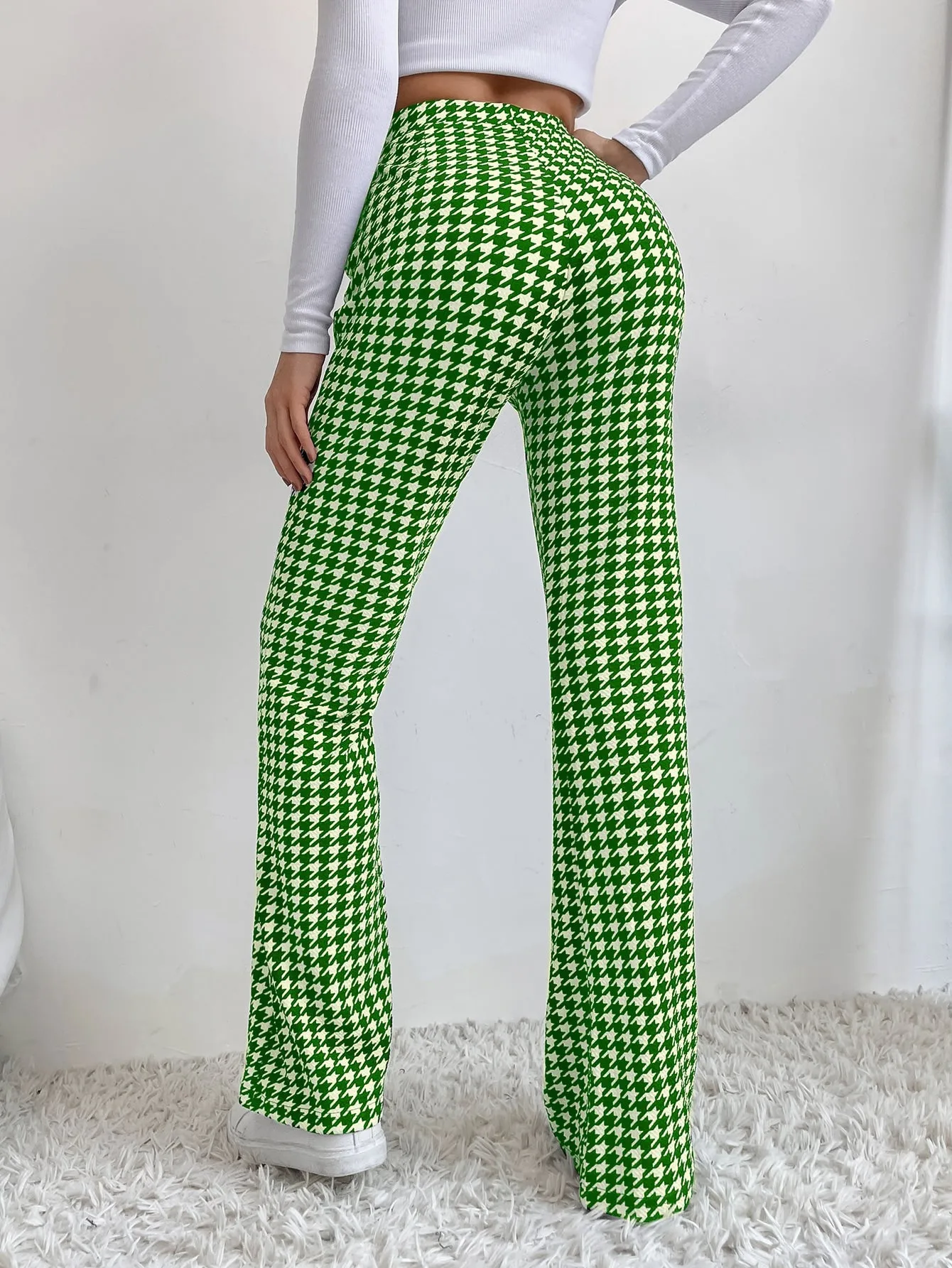 High Waist Houndstooth Flare Leg Pants