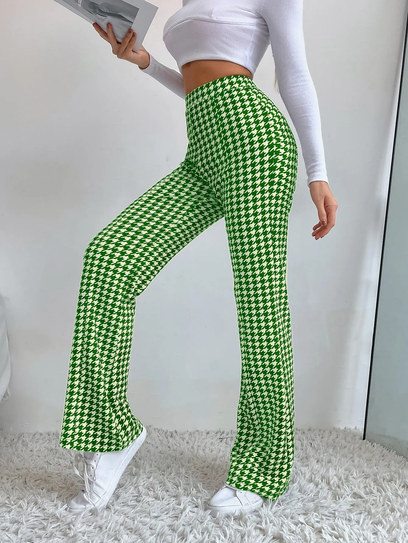 High Waist Houndstooth Flare Leg Pants
